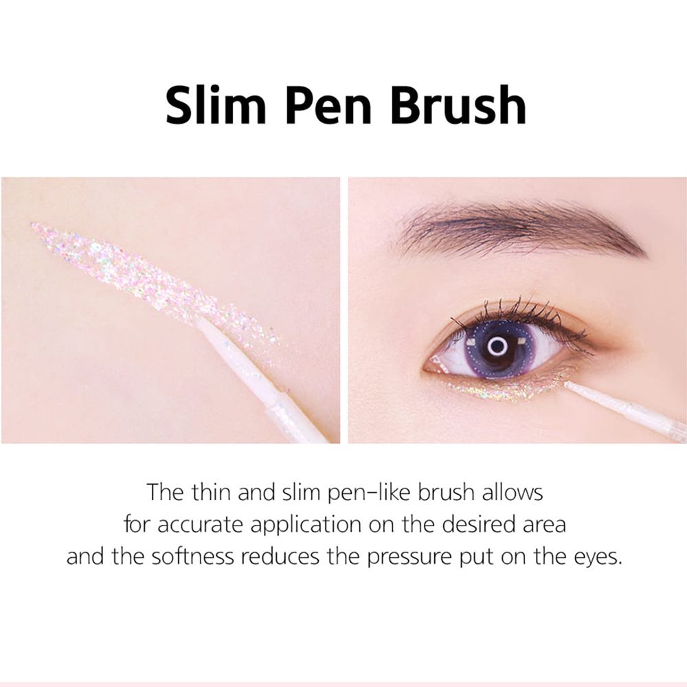 Gros plan sur un contour des yeux avec un applicateur. L'applicateur est un pinceau fin.