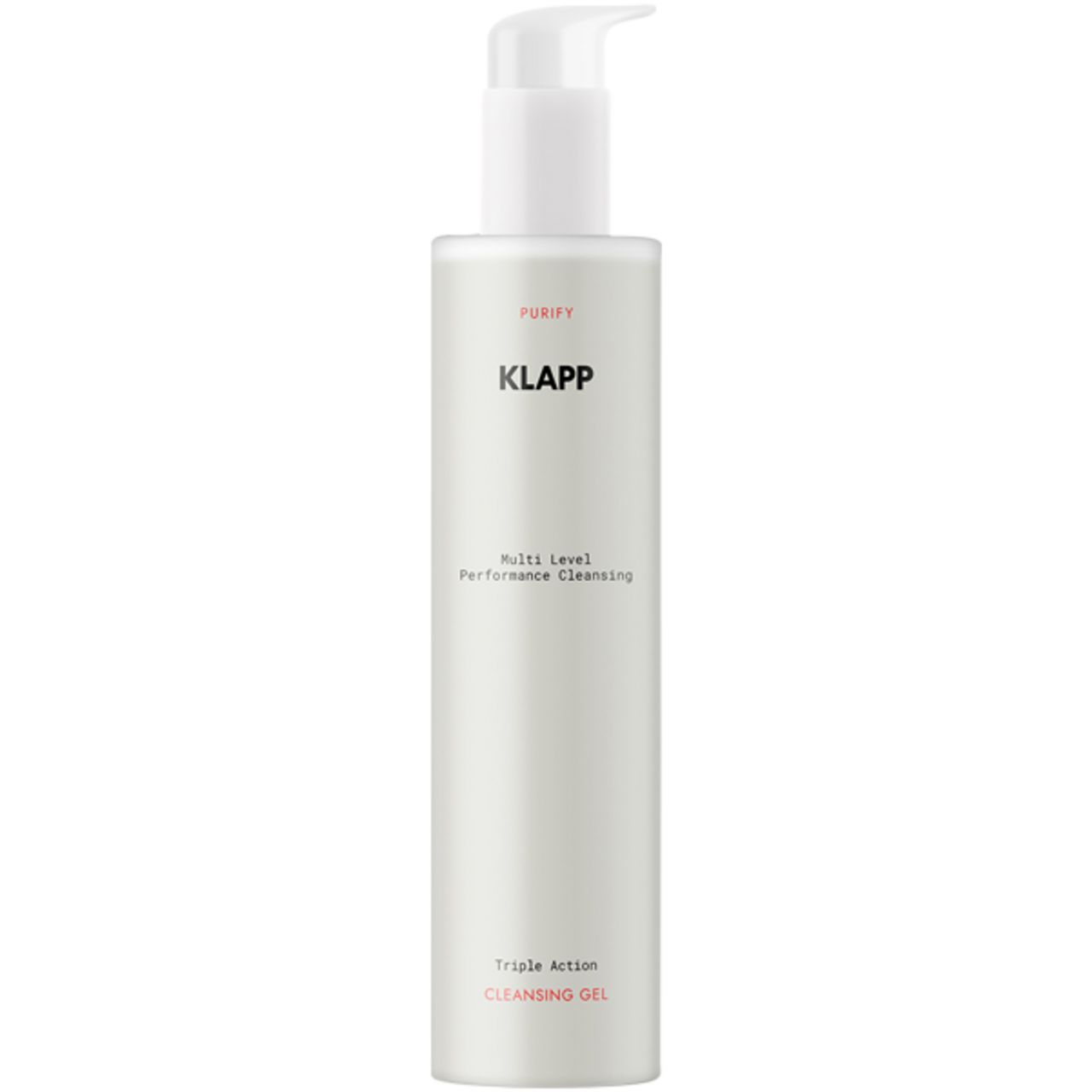 Cilindrische fles met pomp. Opschrift "KLAPP", "Multi Level Performance Cleansing" en "Cleansing Gel".