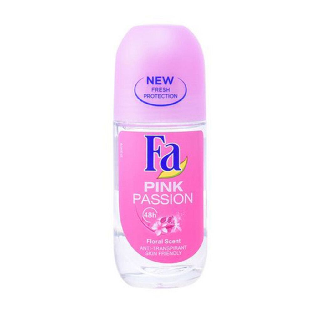 Roze roll-on deodorant. Opschrift: Fa Pink Passion, Floral Scent, Anti-Transpirant, Skin Friendly. Met "New Fresh Protection".