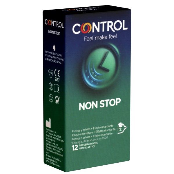 Emballage avec le nom du produit 'Control Non Stop Dots & Lines'. 12 préservatifs. Logo 'Control' et 'Feel make feel'.