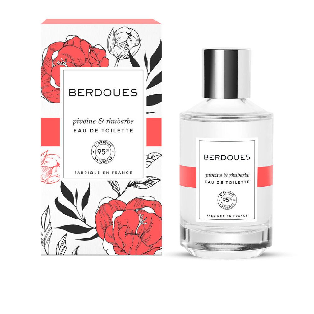 Flacon et boîte. Inscription: Berdoues, pivoine & rhubarbe, Eau de Toilette. 95% naturelle. Fabriqué en France.