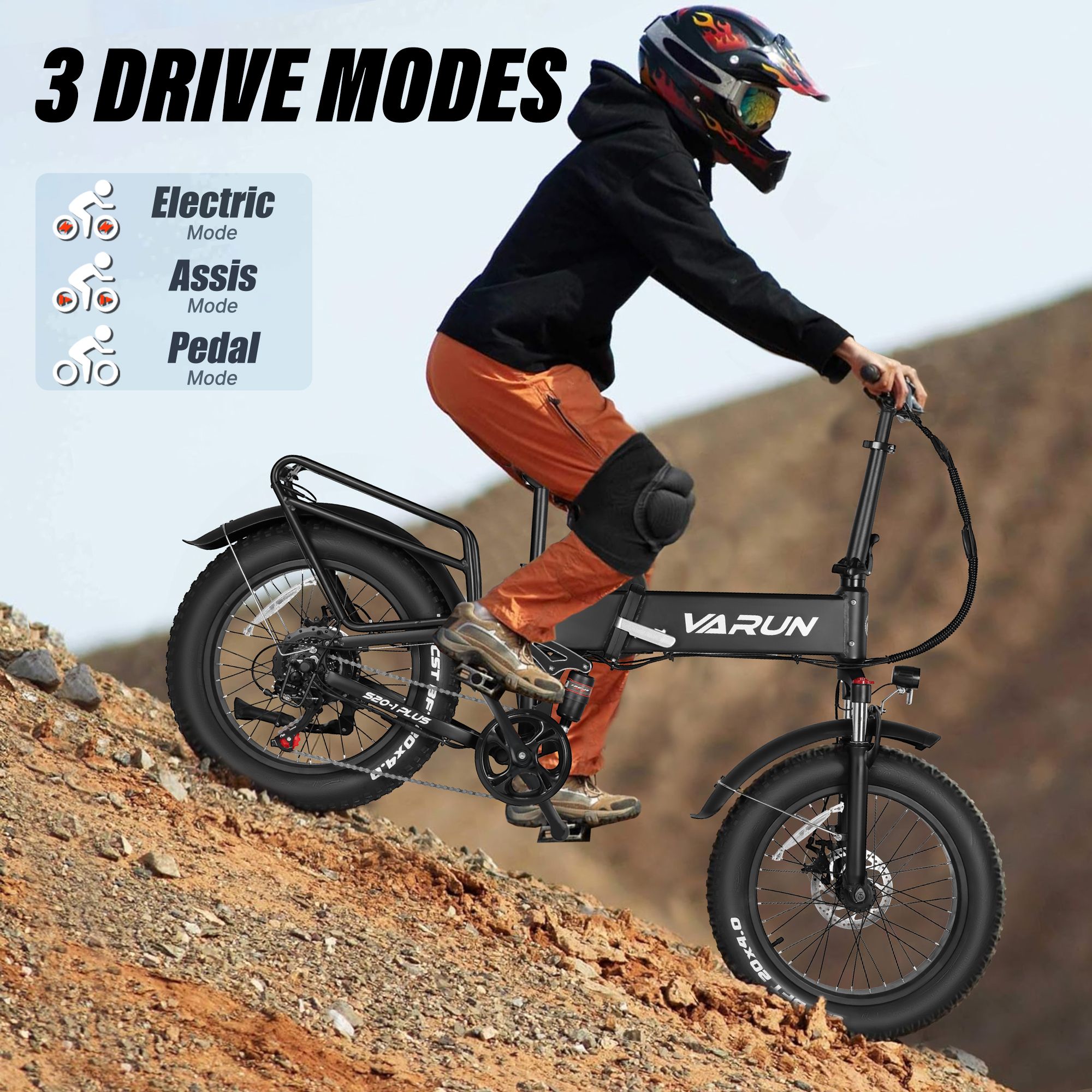 Personne faisant du vélo électrique pliable VARUN S20-2. 3 modes de conduite : électrique, assistance, pédale. Terrain.