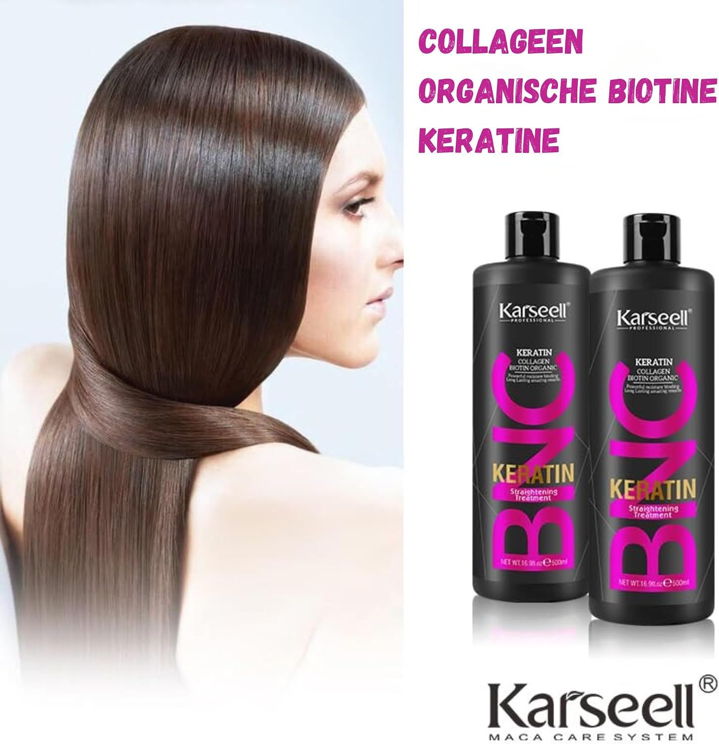 Twee zwarte flessen Karseell Keratin straightening treatment.