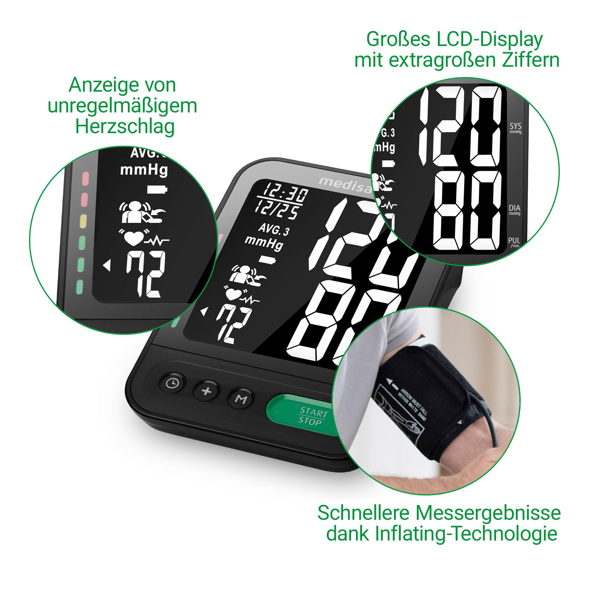 Tensiomètre medisana pour bras avec grand écran LCD, affichage rythme cardiaque et mesures.