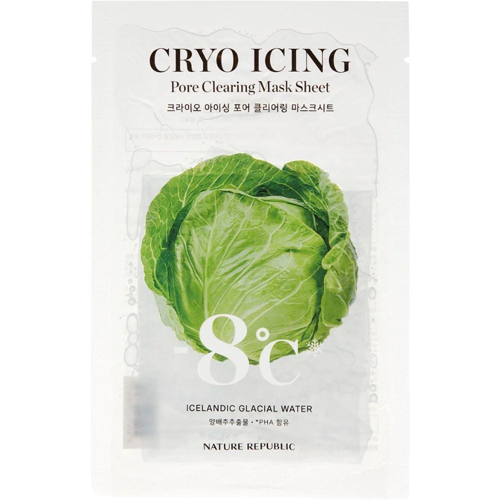 Un masque Cryo Icing NATURE REPUBLIC. L'emballage présente un chou et du texte. Masque en tissu.