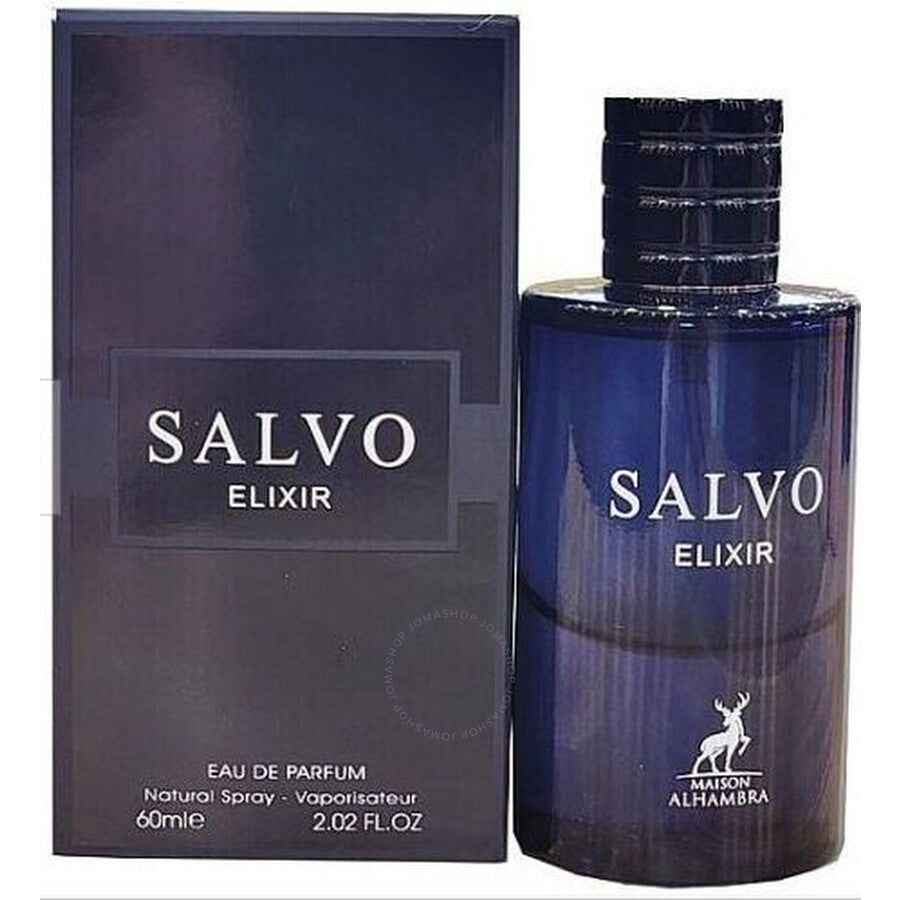 Flacon bleu foncé avec étiquette argentée 'SALVO ELIXIR' et motif de cerf. À côté, la boîte rectangulaire assortie.