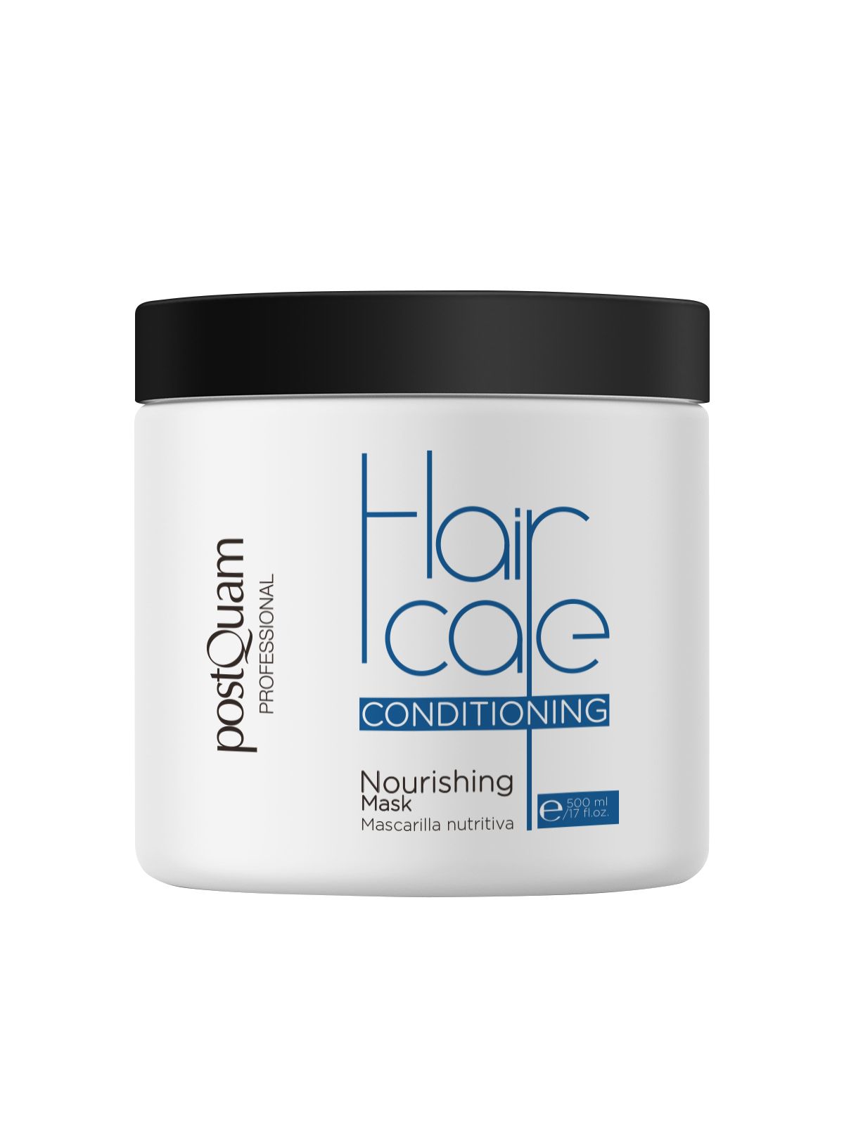 Witte pot met zwarte deksel. Opschrift: Hair Care Conditioning, Nourishing Mask. Merk: Postquam.