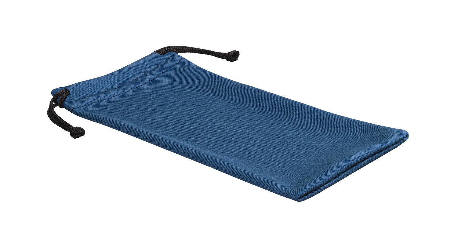 Blauwe microvezel zak met zwart trekkoord. Schuine weergave.