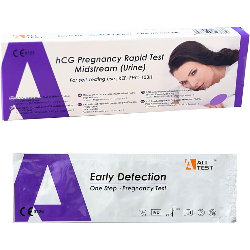 Deux boîtes de tests de grossesse hCG. Violet et blanc. Contient des bandelettes de test. Marquage CE. Femme sur l'emballage.