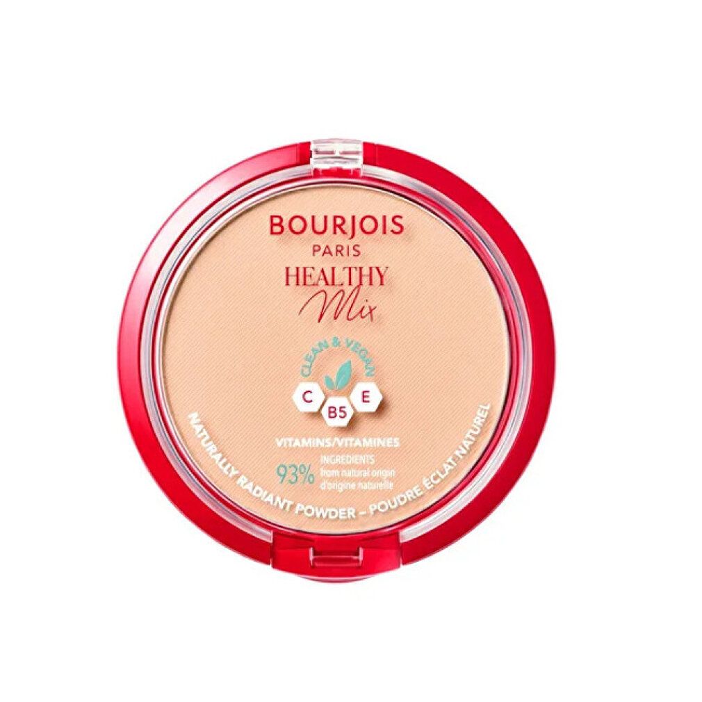 Boîtier de poudre rouge rond. Poudre beige. Inscription: Bourjois Healthy Mix, Clean & Vegan, 93% ingrédients d'origine naturelle.