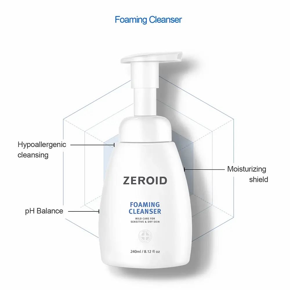 Flacon blanc ZEROID Foaming Cleanser avec texte: Foaming Cleanser, mild care for sensitive & dry skin. 240ml/8.12 fl oz. Diagramme avec flèches.