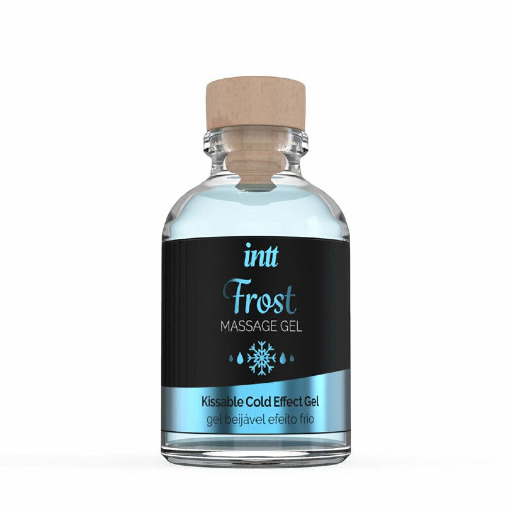 Fles Intt Frost massagegel met kurken dop. Verkoelend effect.