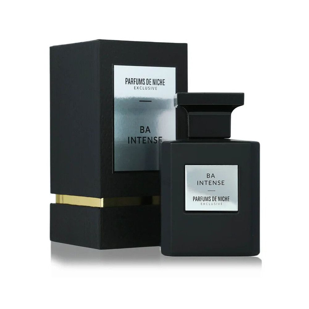 Flacon de parfum noir et boîte cadeau noire avec étiquette argentée indiquant BA INTENSE et PARFUMS DE NICHE.
