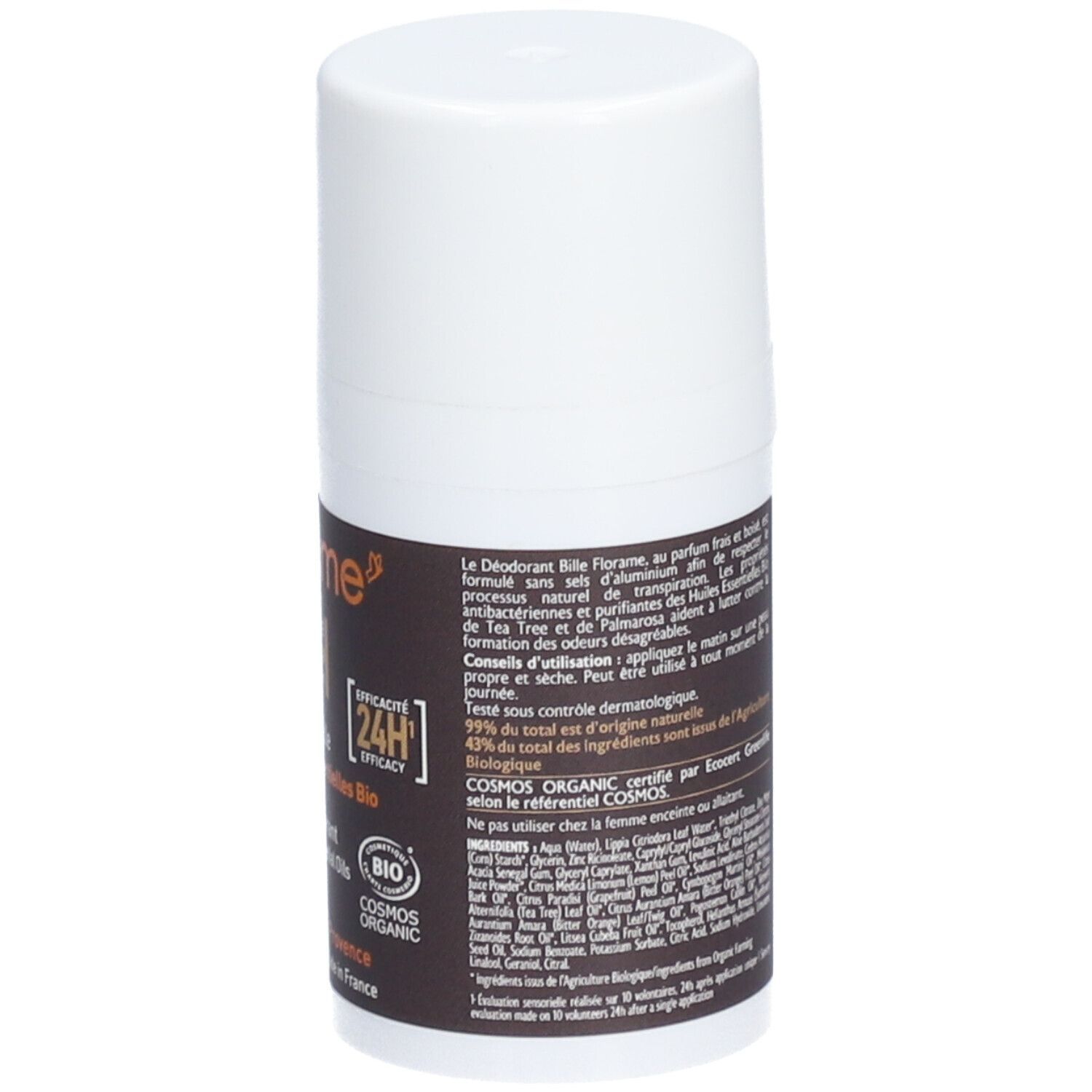 Achterkant van de roll-on deodorant. Witte fles met bruin etiket. Tekst: Florame, gebruiksaanwijzing, Bio-certificering.