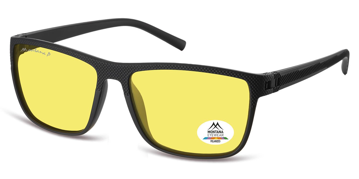Lunettes noires à verres jaunes. Logo Montana Eyewear sur la monture. Autocollant polarisé sur le verre droit.