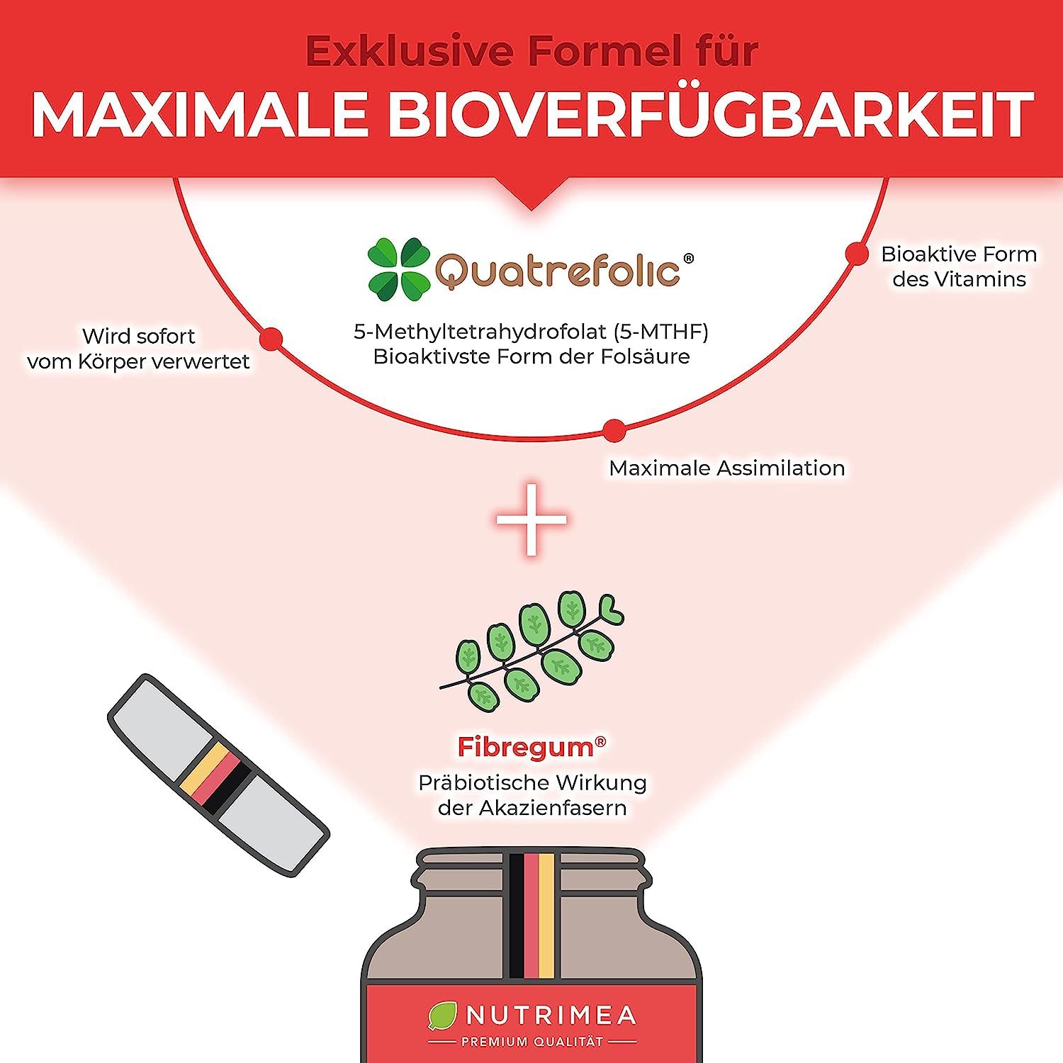 Infographic: Exclusieve formule voor maximale biologische beschikbaarheid. Quatrefolic, Fibregrum.