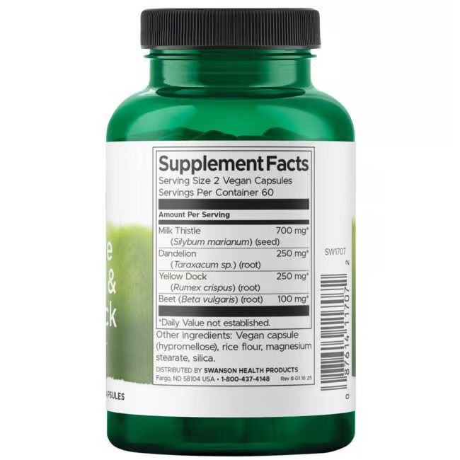 Dos du flacon vert. Inscription: Supplement Facts. Contient chardon-marie, pissenlit, oseille jaune et betterave.