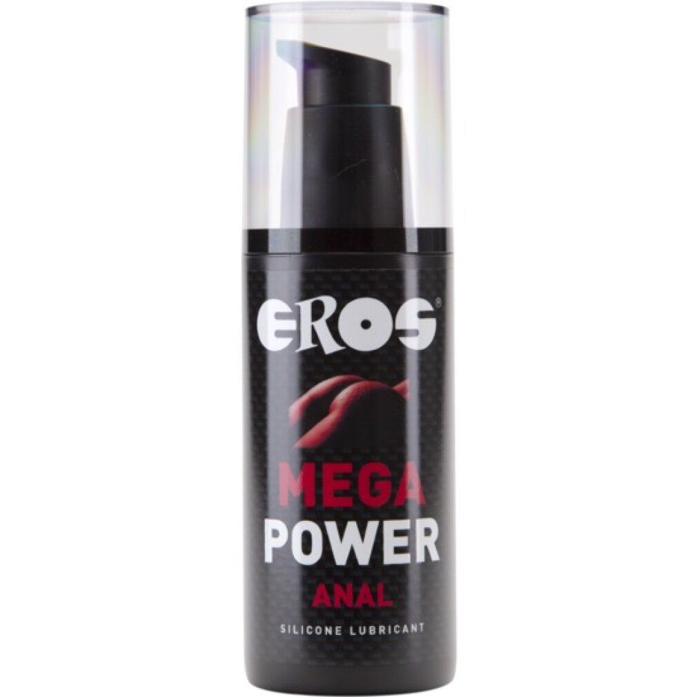 Flacon noir avec pompe. Inscription: EROS MEGA POWER ANAL SILICONE LUBRICANT. Étiquette transparente.
