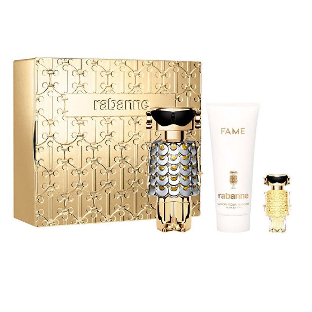 Rabanne geschenkset met parfumfles, bodylotion en kleine parfumverstuiver in gouden verpakking.