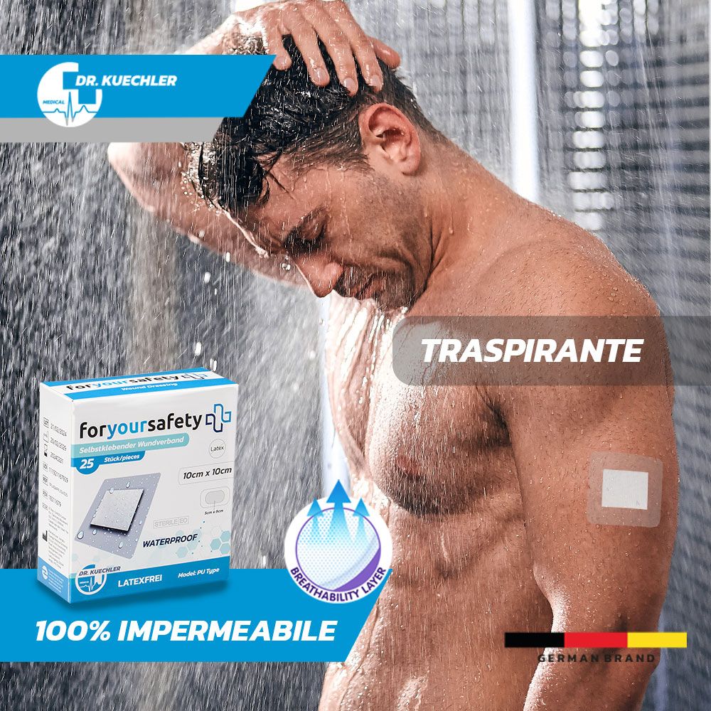 Homme sous la douche avec pansement au bras. Respirant, imperméable. Emballage de pansements.