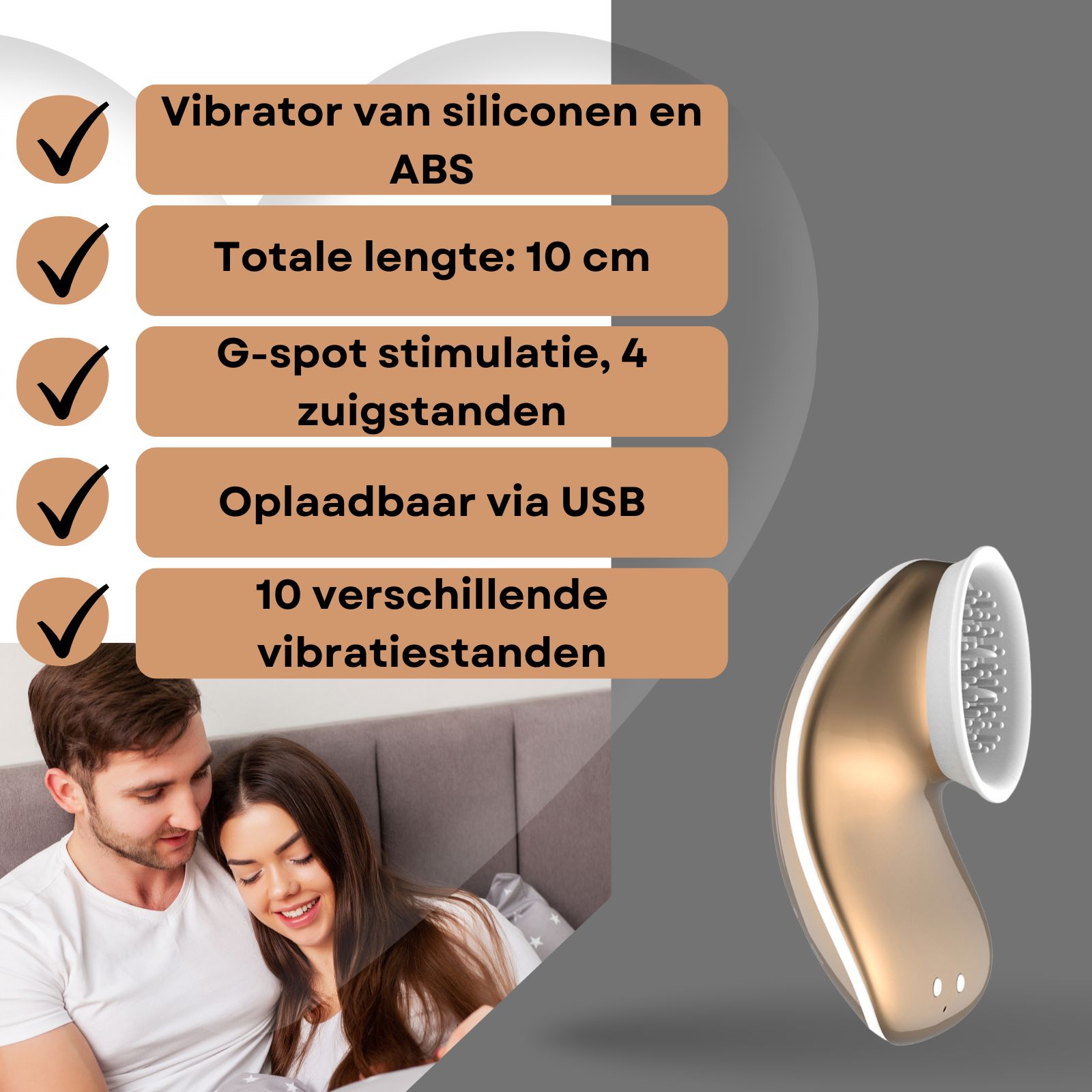 Een stel in bed, een gouden vibrator met zuigkop en oplaadbasis.