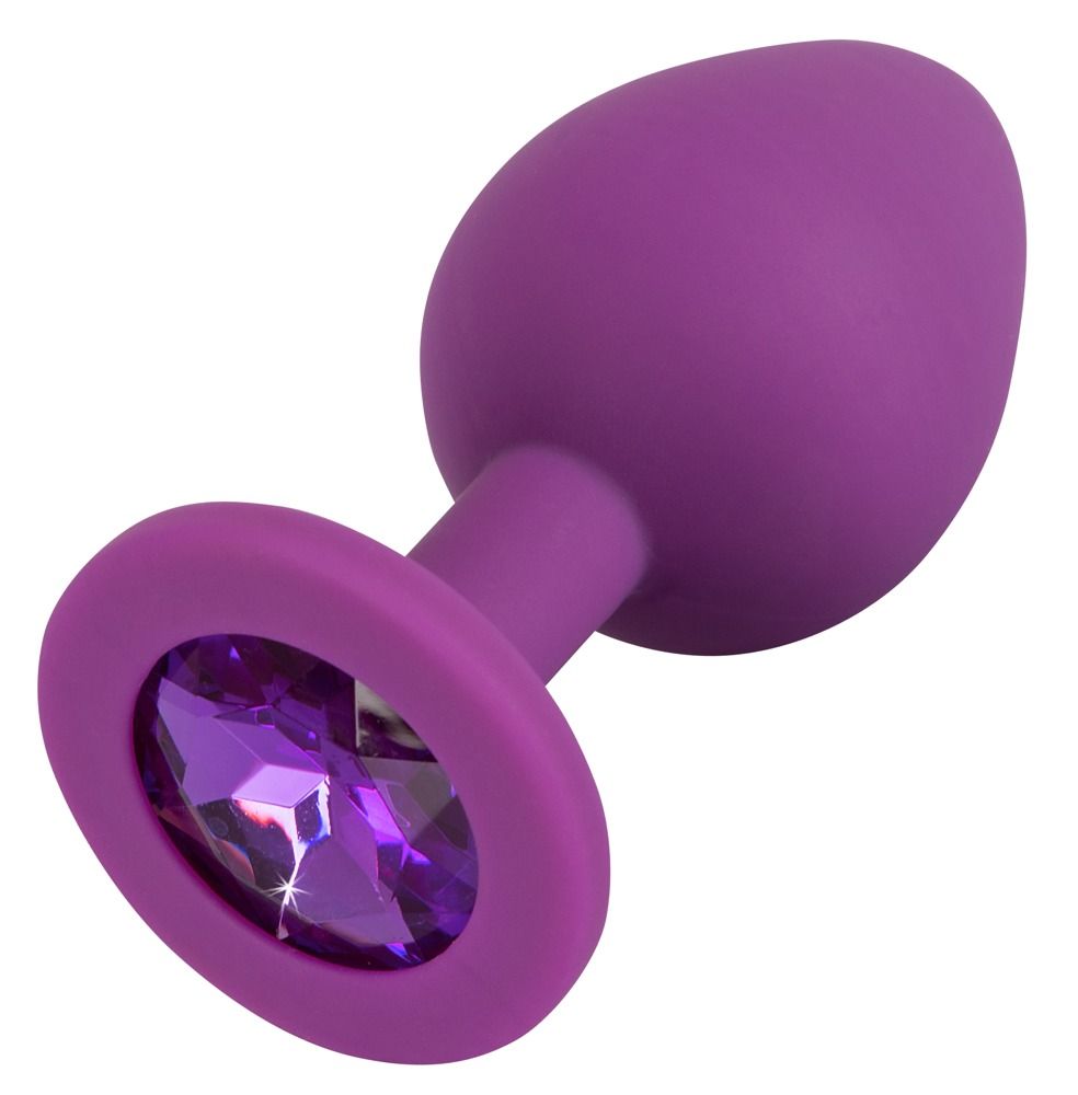 Plug anal violet avec bijou, vue latérale.