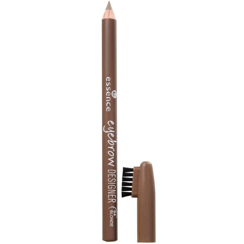Crayon à sourcils avec brosse. Mine marron, crayon marron, brosse. Inscription : Essence, Eyebrow Designer, Blonde.