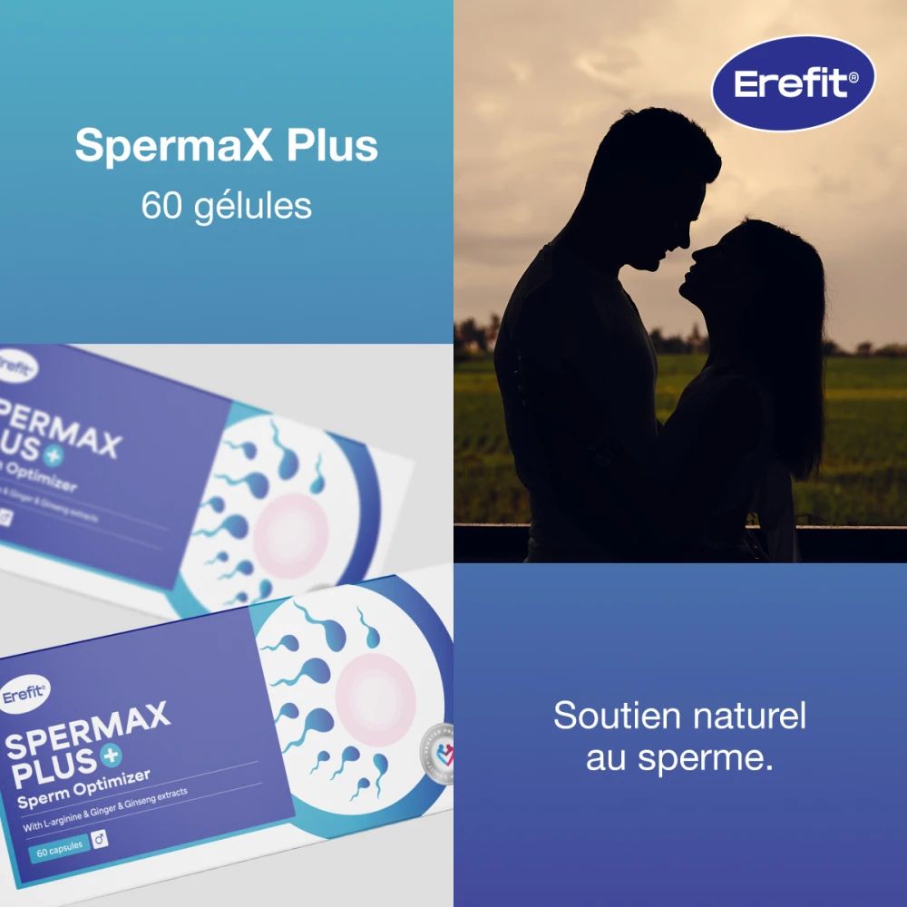 Boîtes Erefit SpermaX Plus, 60 gélules. Couple en arrière-plan. Texte: Soutien naturel au sperme.