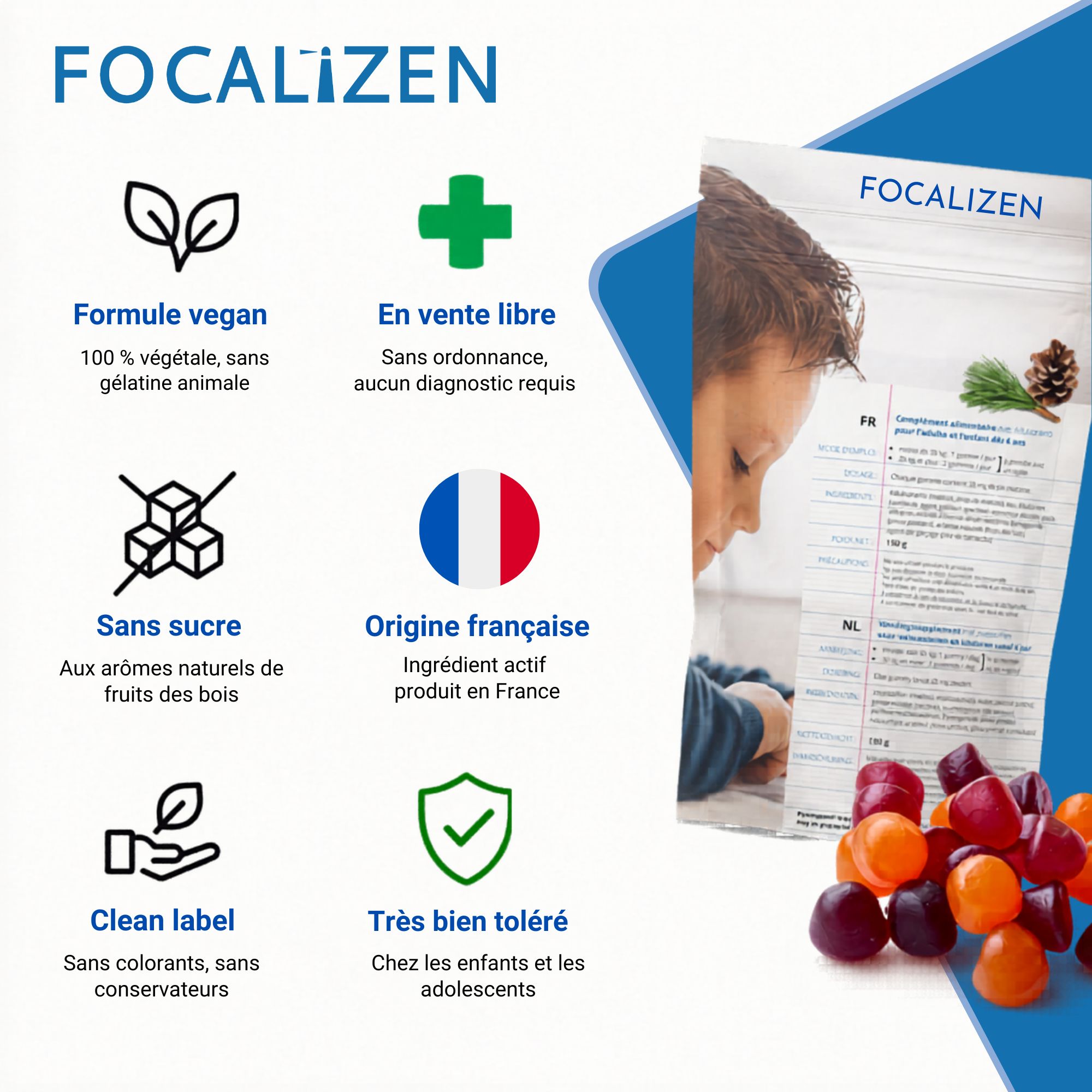 Sachet FOCALiZEN avec icônes : âge, dosage, repas, durée de cure.
