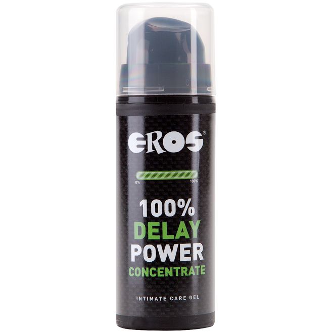 EROS 100% Delay Power Concentrate Gel de soin intime dans un flacon pompe noir avec distributeur transparent.