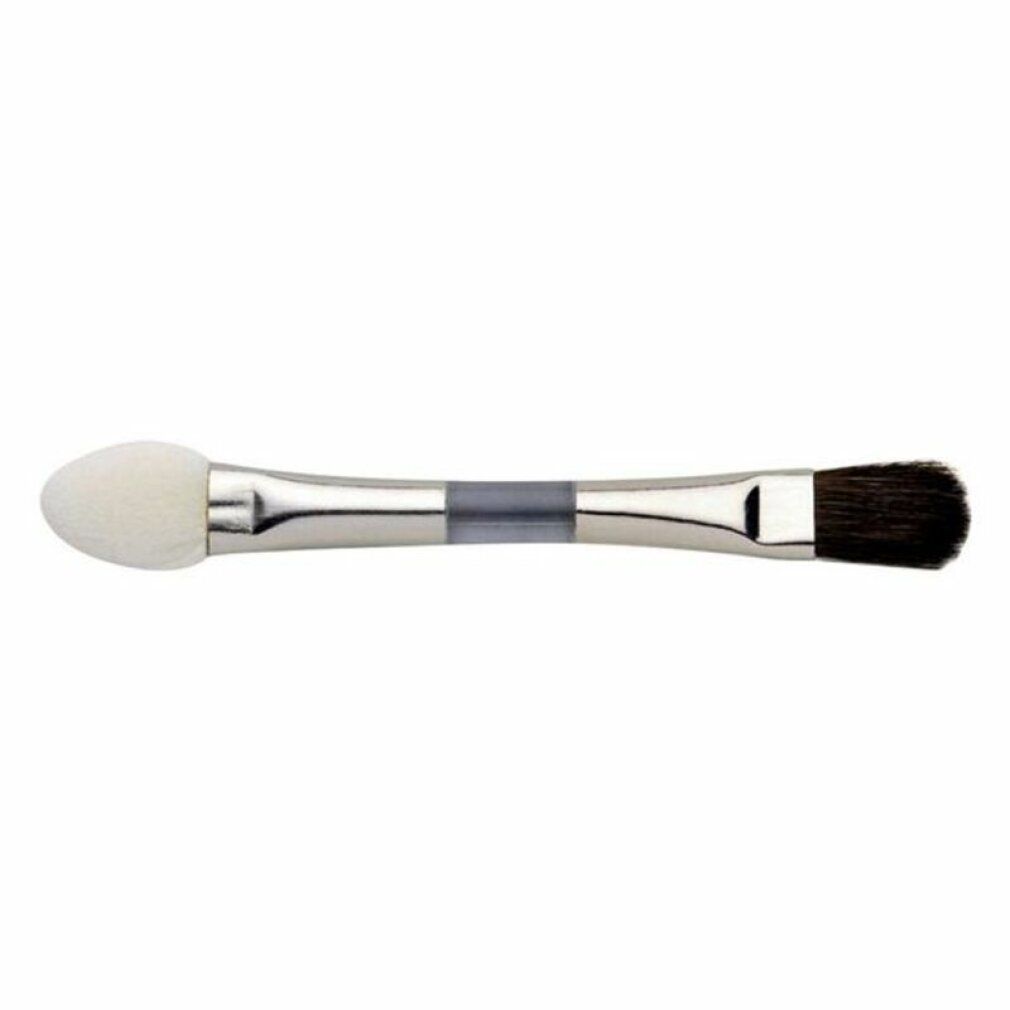 Pinceau de maquillage double. Une extrémité éponge, l'autre avec des poils foncés. Manche argenté avec section grise.