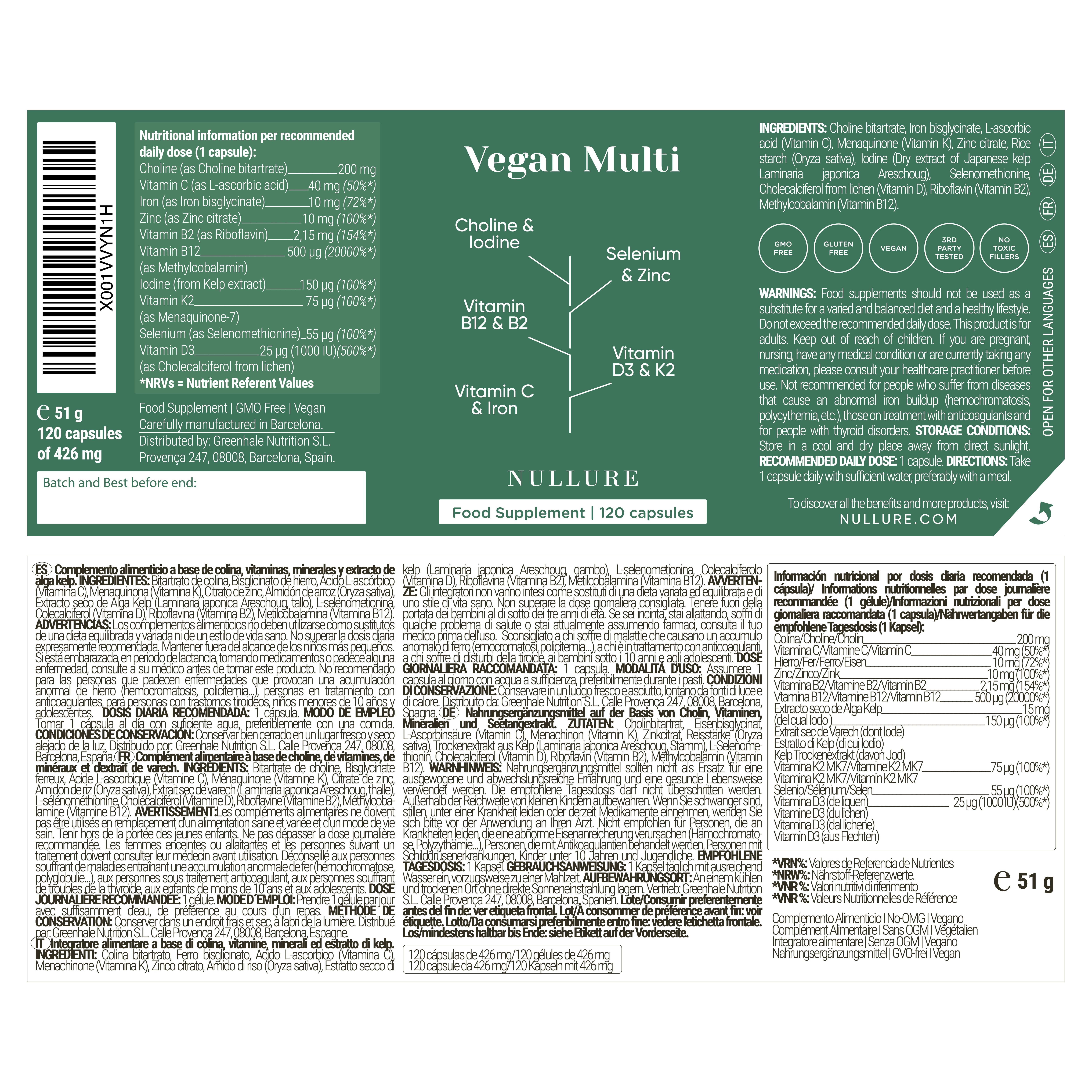 Etiket met informatie over Vegan Multi. Bevat choline, jodium, vitamine B12, vitamine D3, selenium, zink. 120 capsules.