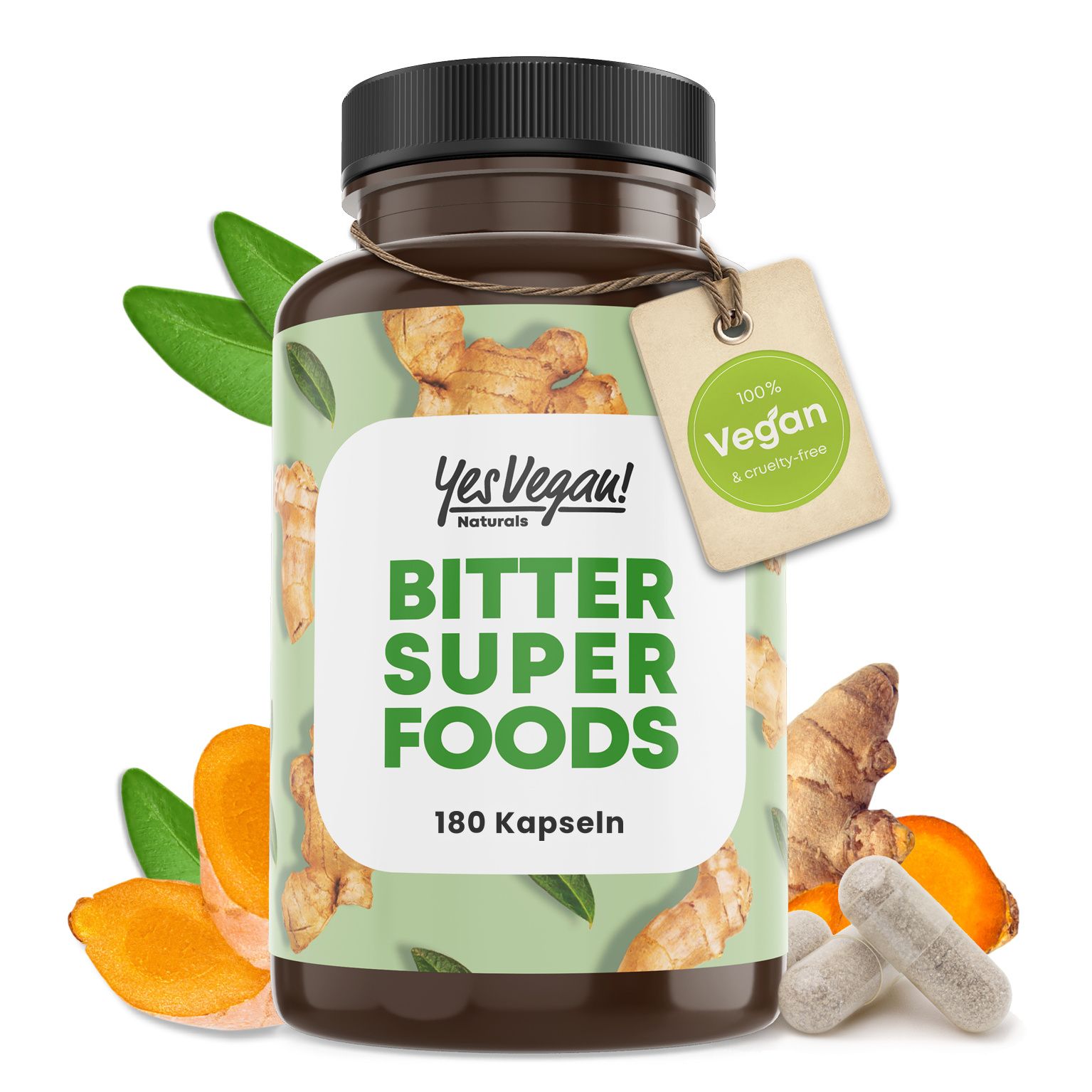 Fles Bitter Super Foods capsules, 180 stuks, met paardenbloem, gember en kurkuma.