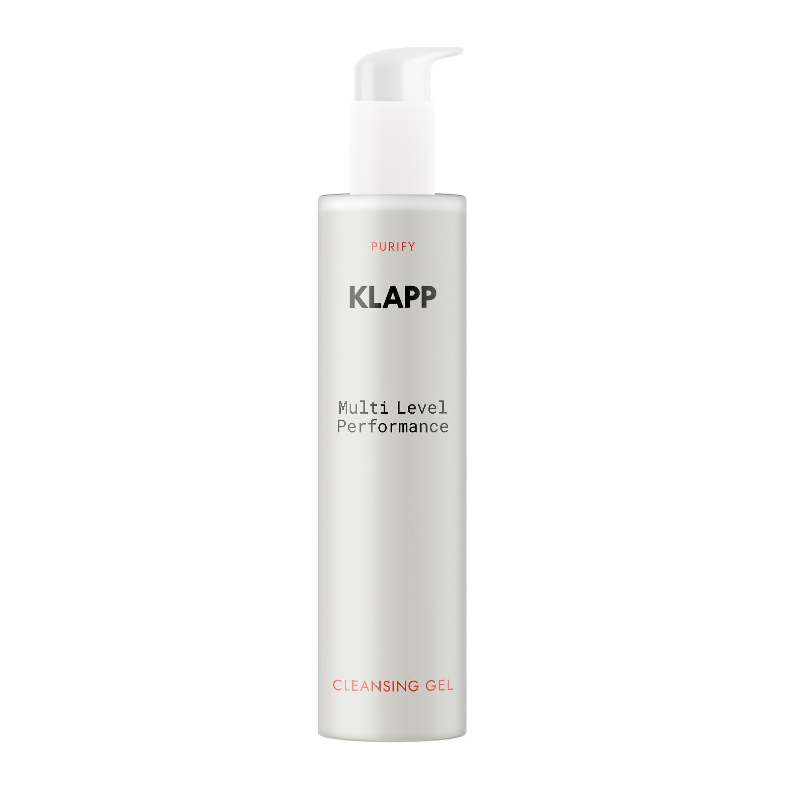 Cilindrische fles met pomp. Opschrift "KLAPP", "Multi Level Performance Cleansing" en "Cleansing Gel".