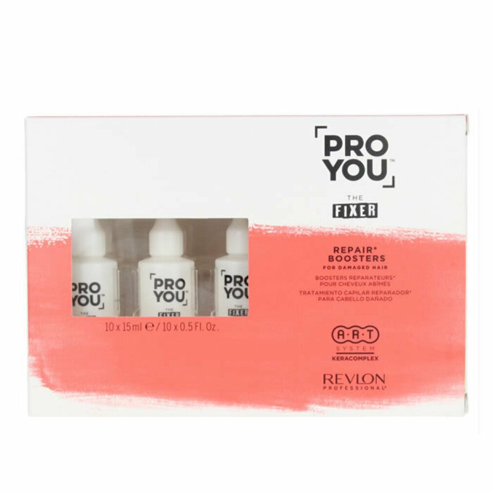 Boîte Revlon Proyou The Fixer Booster avec trois flacons. Inscription: Repair Boosters for damaged hair.
