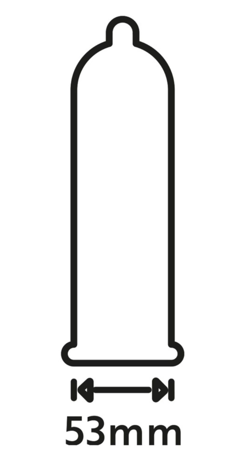 Zwart-witte illustratie van een condoom. Onder, pijlen en de aanduiding 53mm.