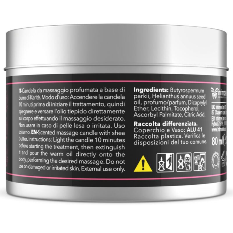 Boîte argentée avec étiquette noire. Inscription: ARDES Sensual massage candle, Fraise-Raisin. Dos avec texte.
