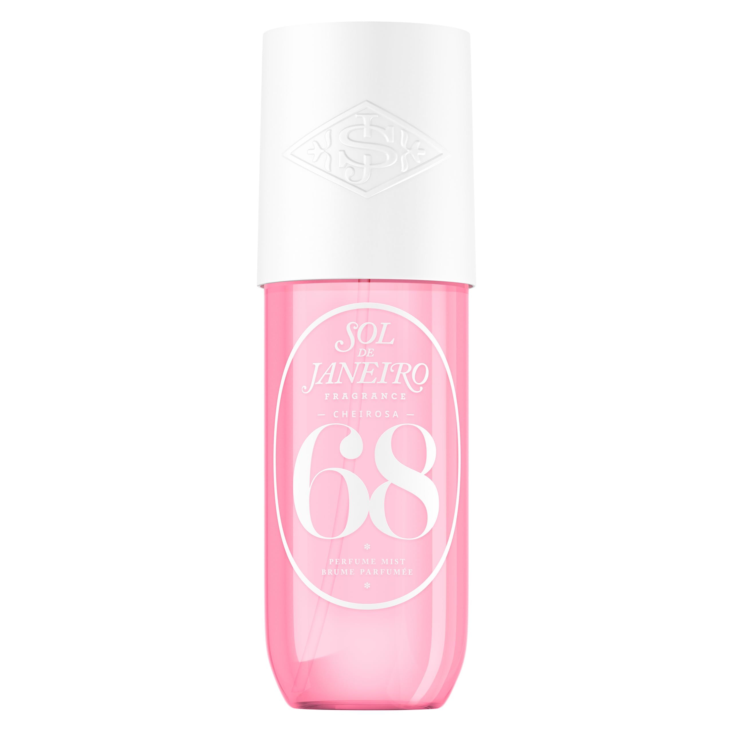 Sol de Janeiro Cheirosa 68 flacon. Roze vloeistof, witte dop. Tekst: 68, Perfume Mist.