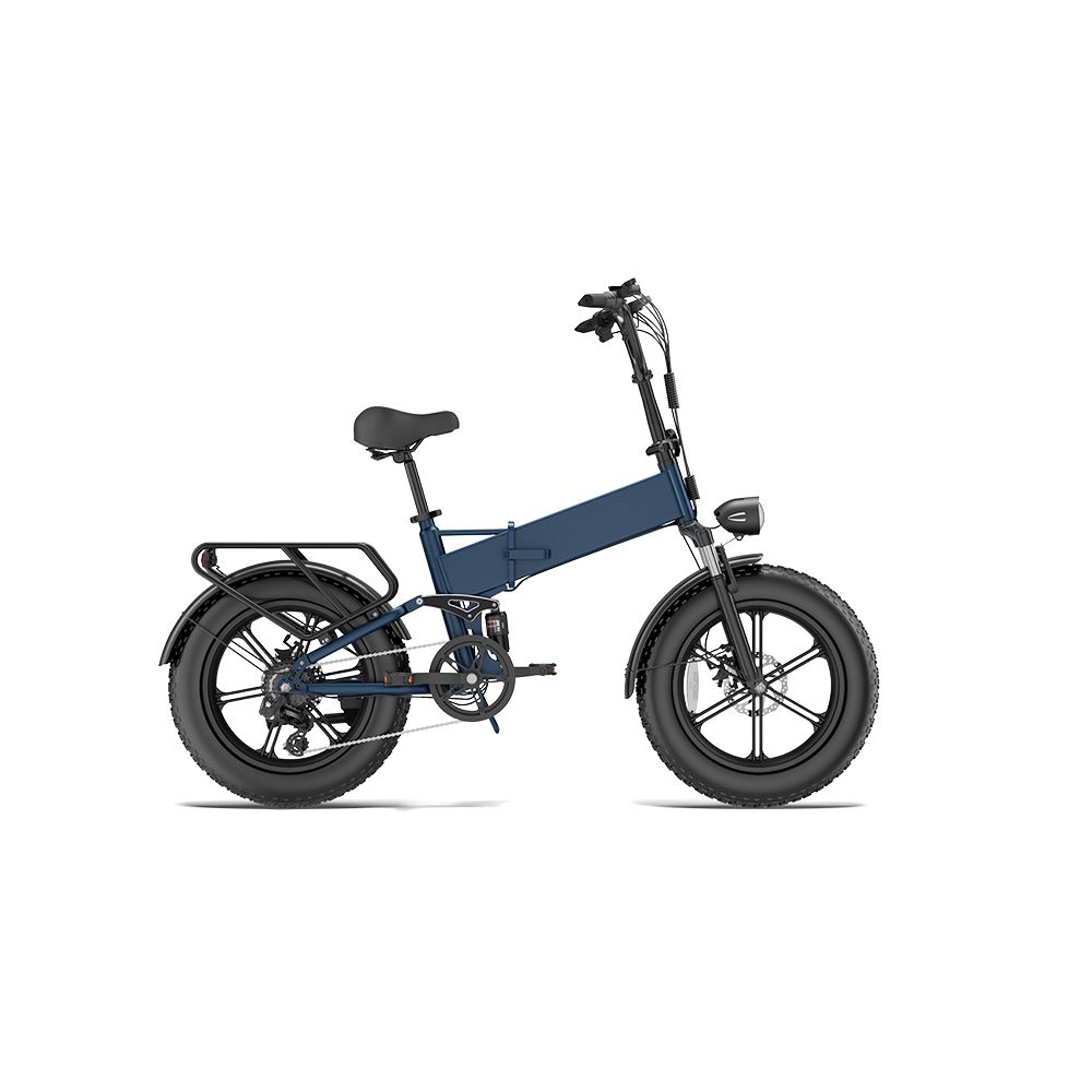 Vélo électrique pliable, vue latérale. Pneus noirs, porte-bagages, selle. Conception de cadre bleu. Sur fond blanc.