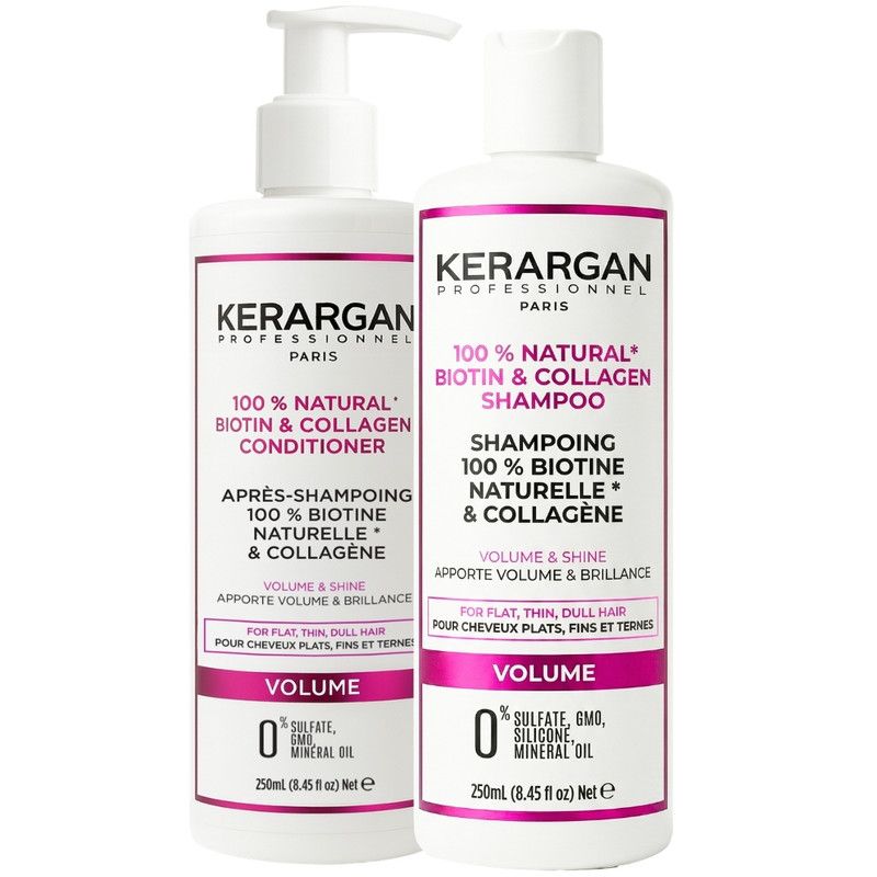 Deux flacons blancs de shampooing et revitalisant Kerargan. Inscription : 100% Natural Biotin & Collagen. Volume & Shine.