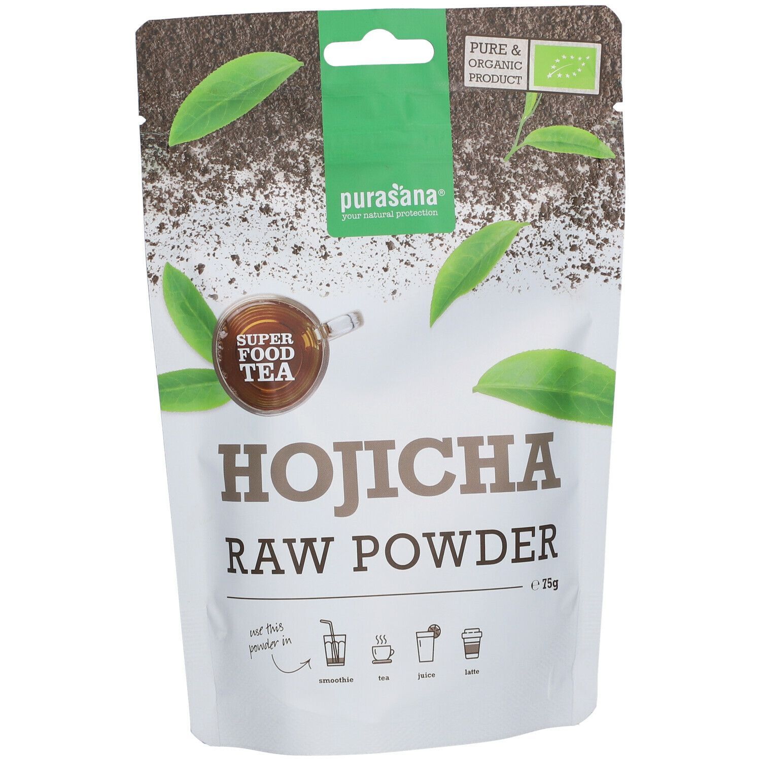 Verpakking met Hojicha-poeder. Opschrift: Hojicha Raw Powder. Logo: purasana®.