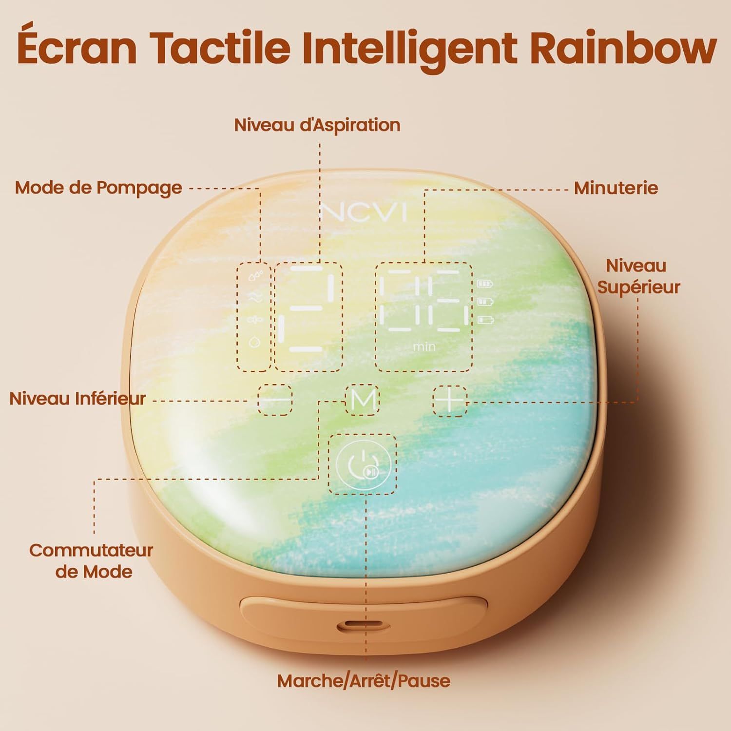 Appareil rond beige avec écran tactile marbré multicolore. Affiche l'intensité d'aspiration, le mode et le minuteur.