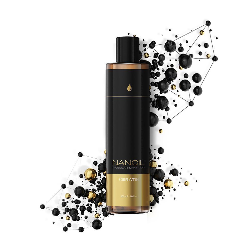 Zwarte fles met goudkleurig etiket, Nanoil Keratin Micellar Shampoo, 300 ml.