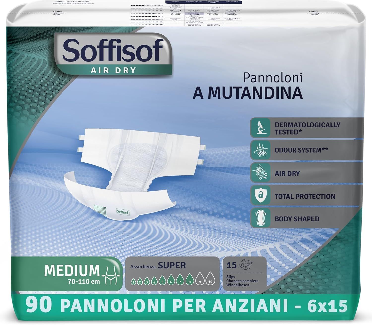 Verpakking van 90 volwassenenluiers. Maat Medium, 70-110 cm. Met SUPER absorptie. Dermatologisch getest.