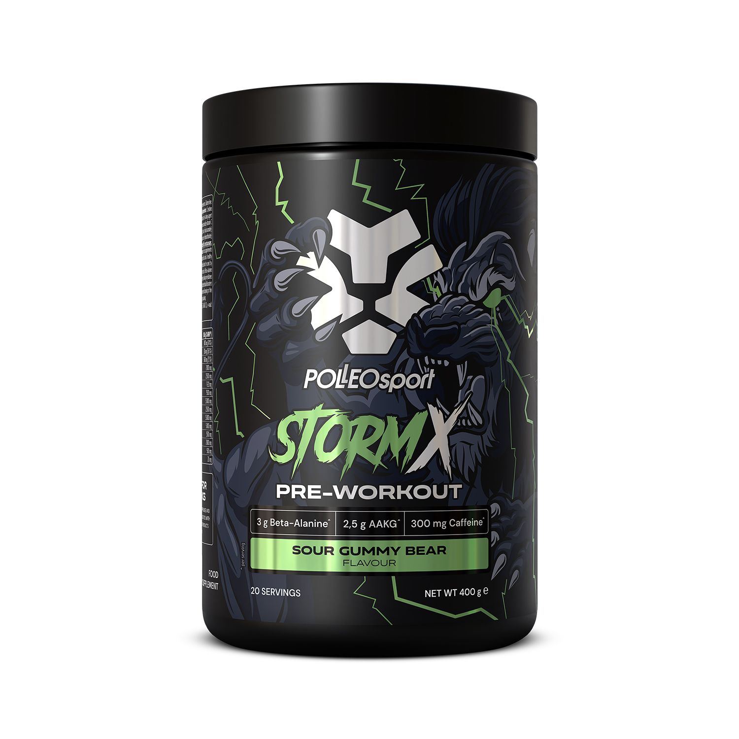 Pot noir avec étiquette verte et blanche. Texte: PolleoSport, StormX Pre-Workout, Sour Gummy Bear. Contient 20 portions.