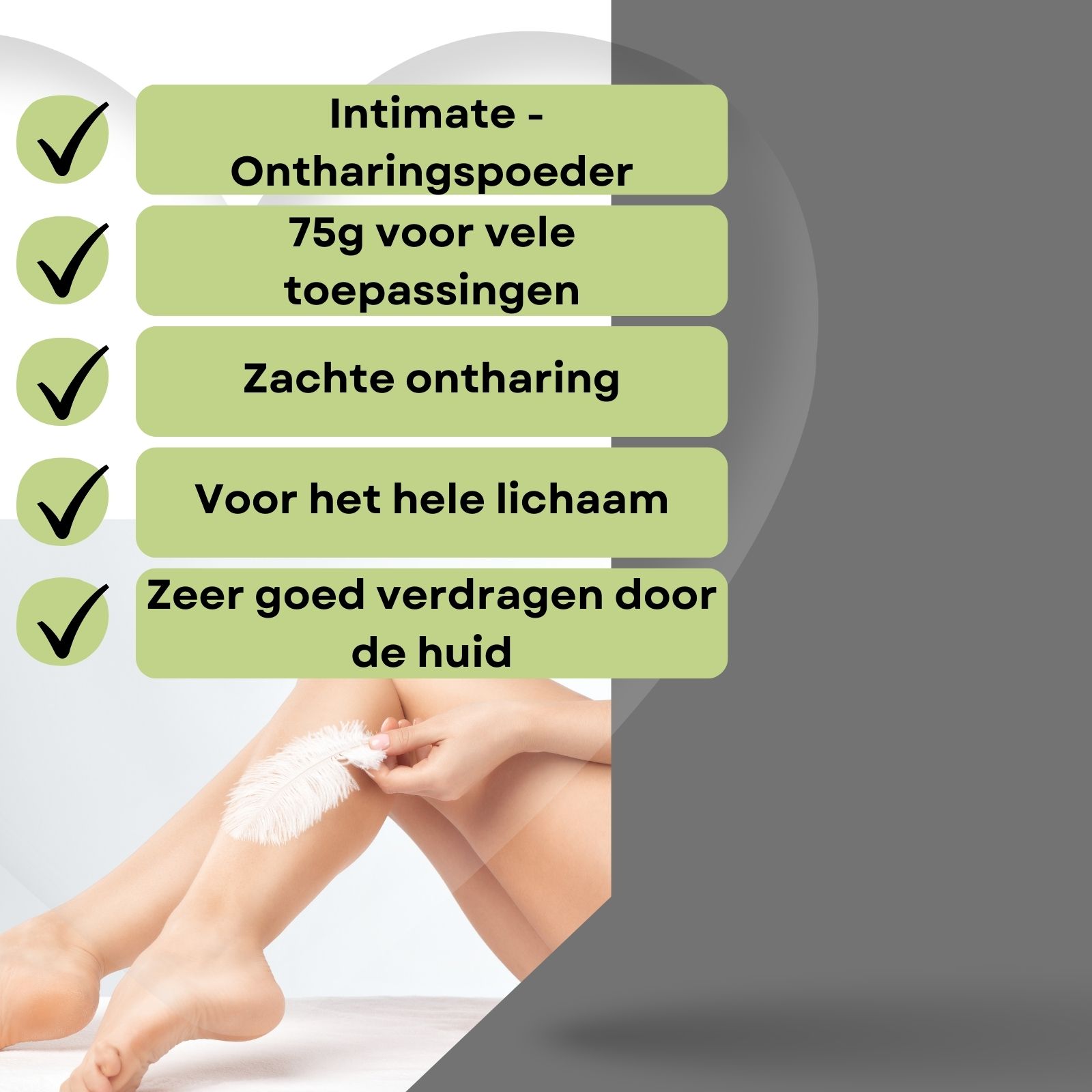 Verpakking Intimate Hair Removal. Been met ontharingspoeder. Veer. Tekst met info.