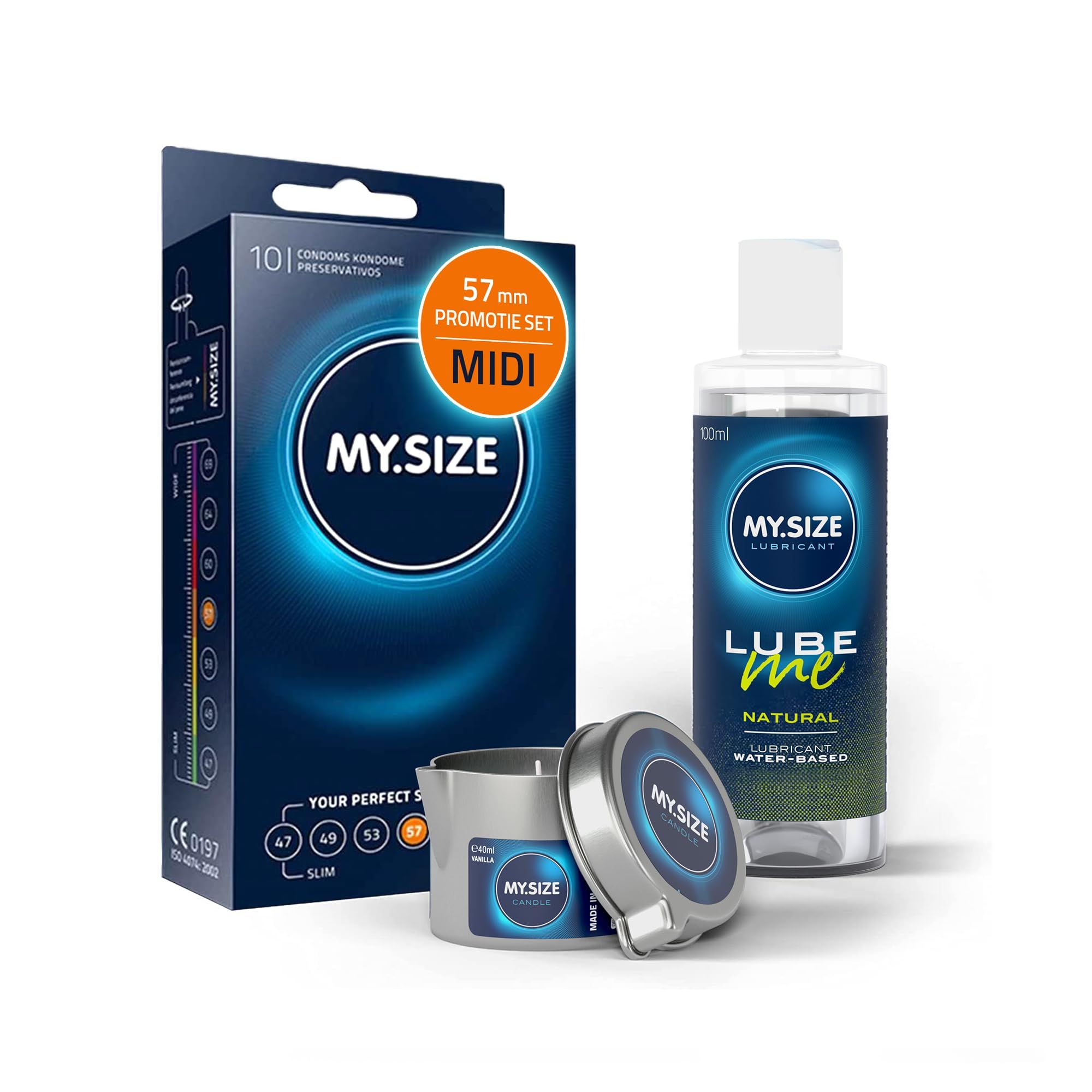 MY.SIZE PRO Condooms + LUBE ME Natural + Body Candle Set