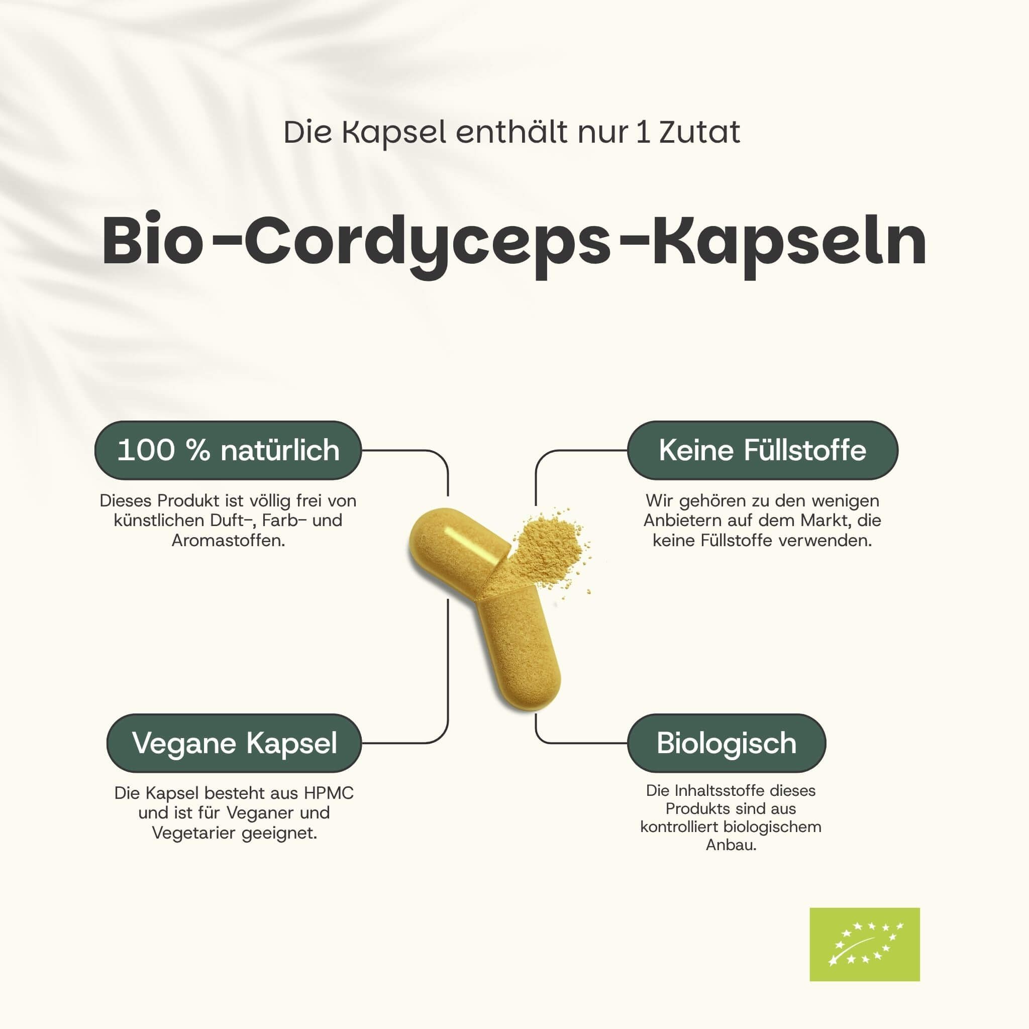 Une capsule jaune avec un contenu en poudre, entourée de quatre zones d'information sur les ingrédients naturels et l'agriculture biologique.