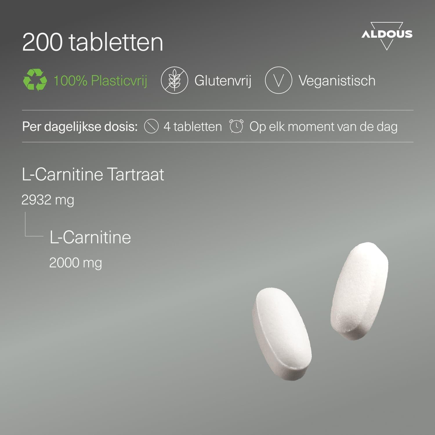 Twee witte L-Carnitine Tartraat tabletten, verpakking van 200. 2932 mg per tablet.