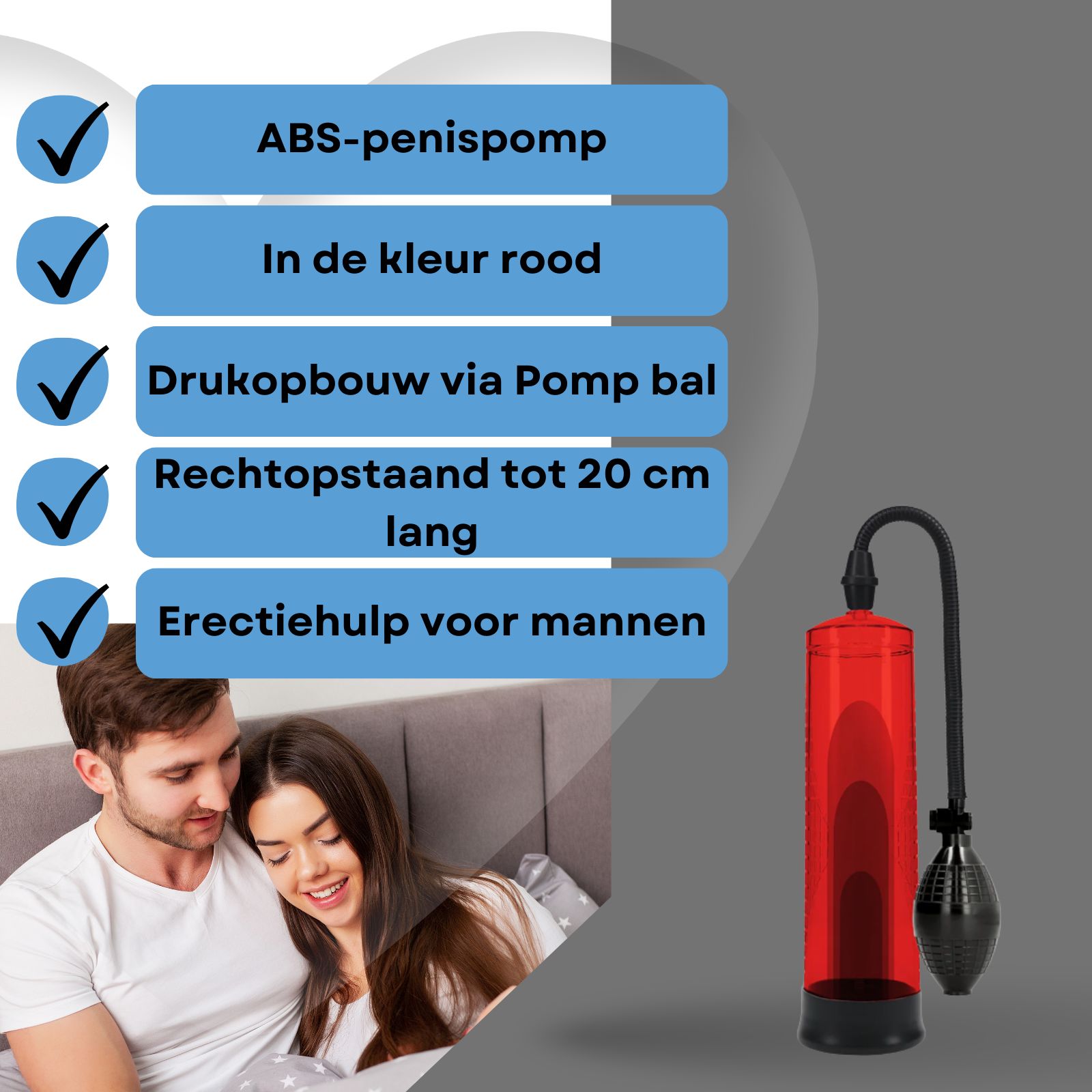 Rode penis pomp met pompbal. Koppel in bed. Tekst: Penis pomp van ABS, in de kleur rood.